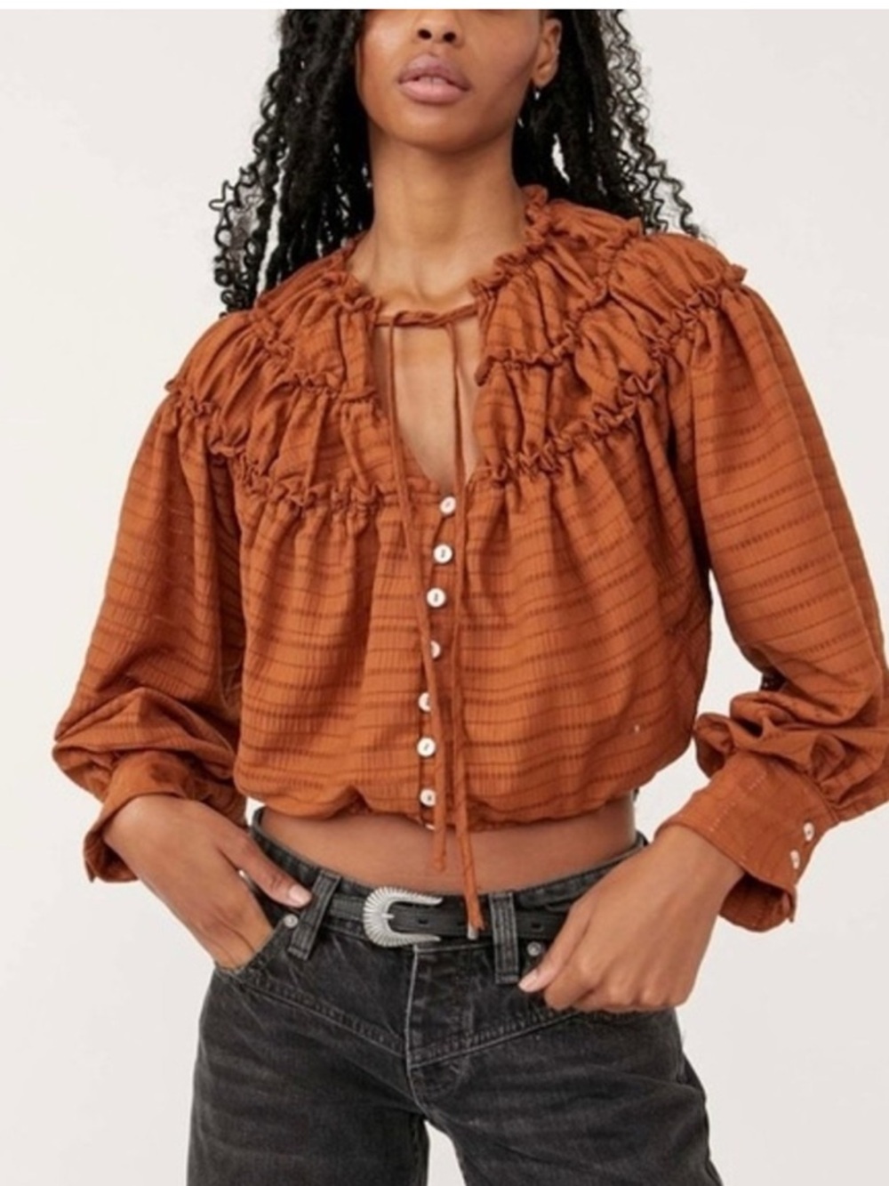 Free People Hailey Lace Cropped Peasant Blouse – Glazed Ginger – Boho Top